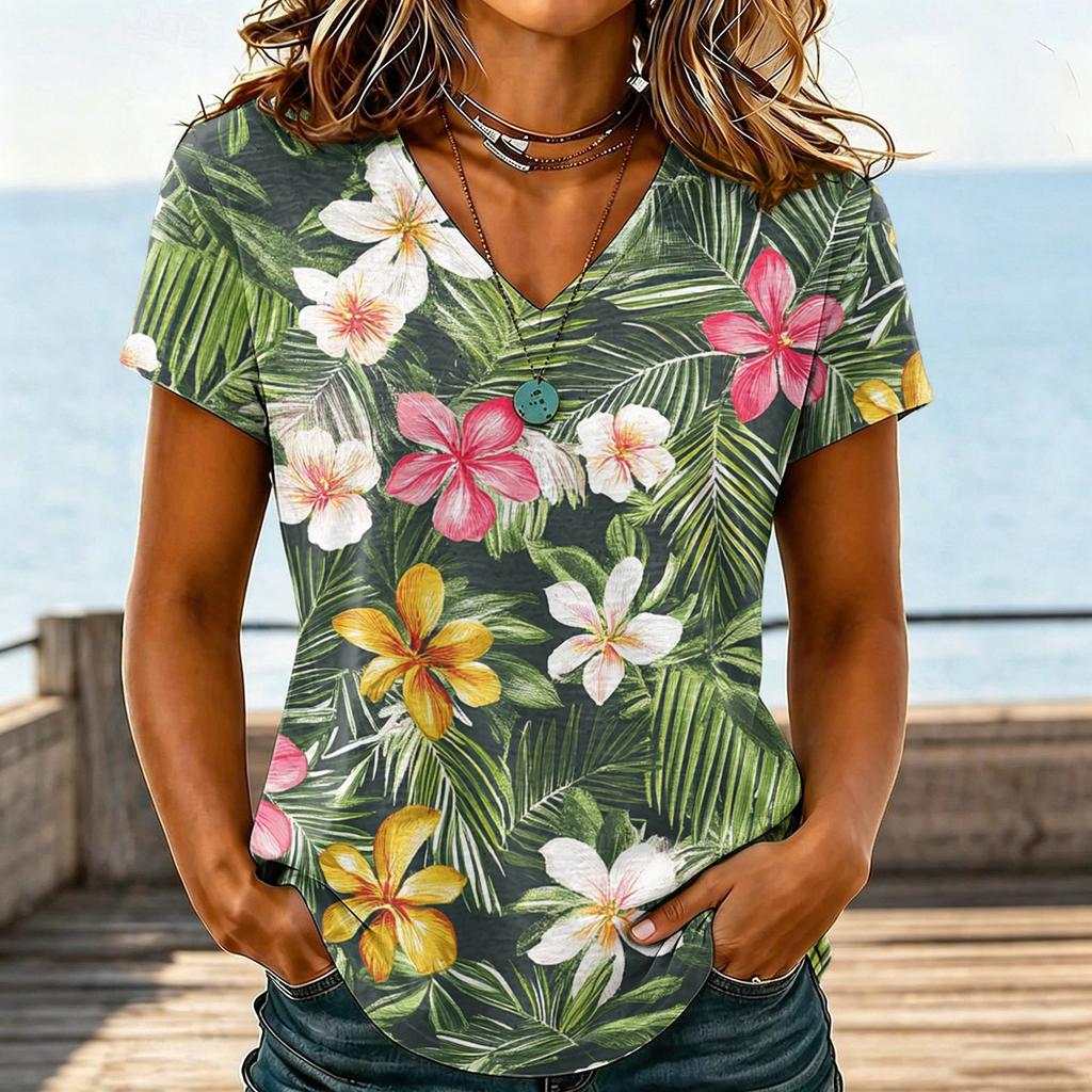 Women's Casual V Neck Short Sleeve Hawaiian Print Top T Shirt Lightweight Summer Blouse Relaxed Fit Soft Fabric