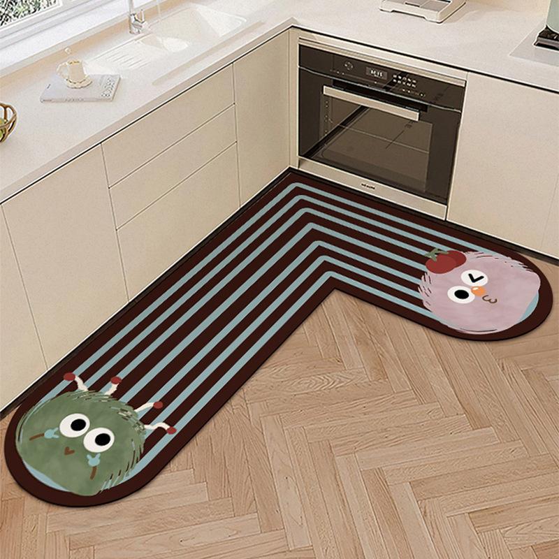 Kitchen Floor Mat with Water Oil Absorption L-shaped Diatomaceous Earth Floor Mat Household Cartoon Wear-resistant Anti Slip Mat