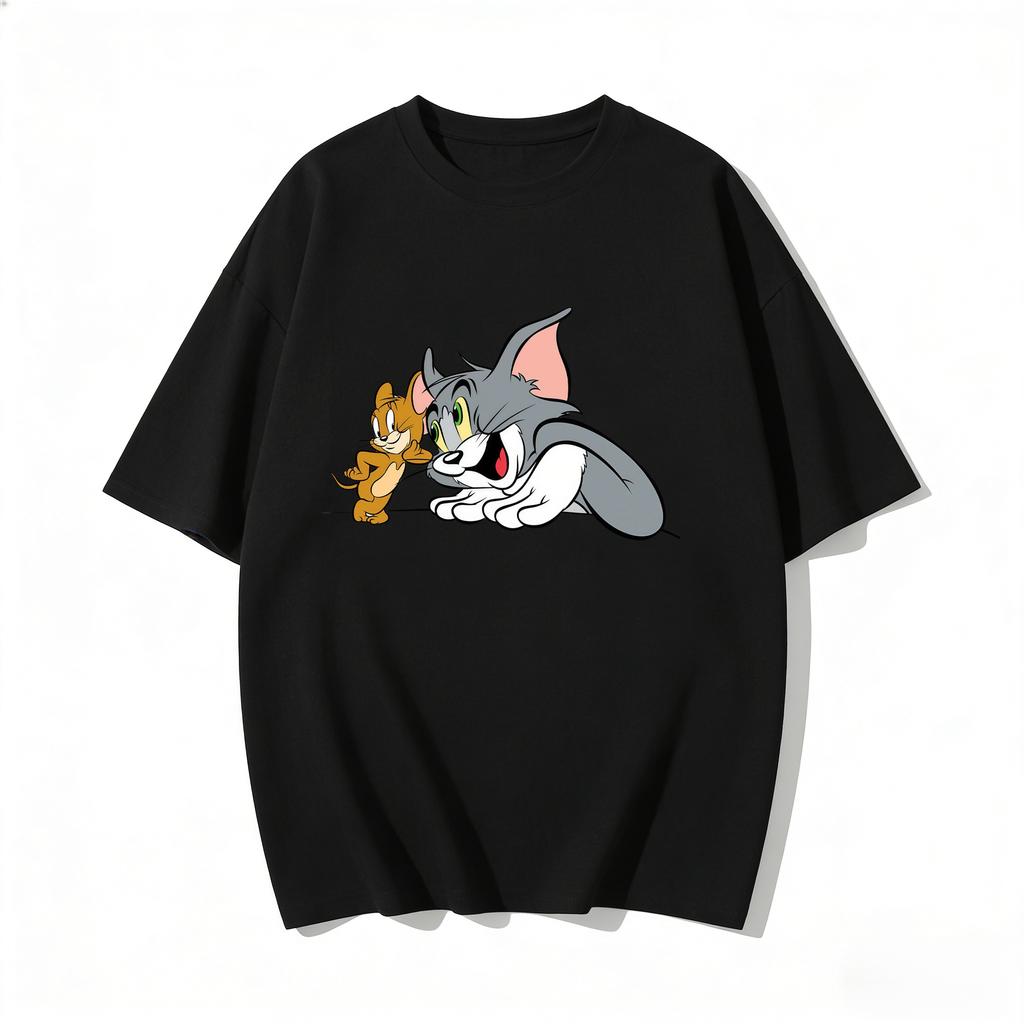 2026 New Tom Jerry Print Tshirt Casual Loose Couple Family Matching Outfits Short Sleeve Cotton Tee Summer Streetwear Tops Y2k