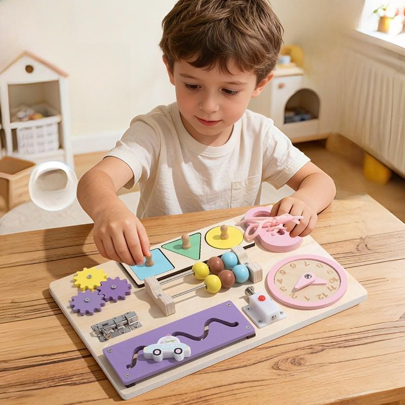 Wooden Busy Board For Babies With Locking Toys Montessori Educational Play For Toddler Development