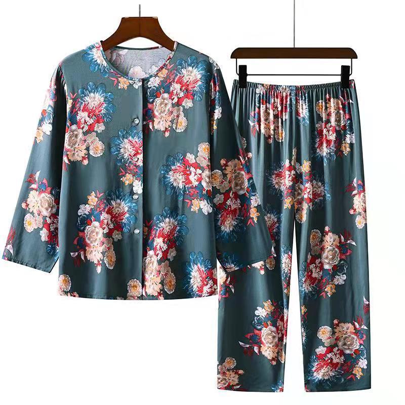 Middle-aged and Elderly Cotton Silk Pajamas Women's Spring Summer Long-sleeved Trousers Two-piece Suit Mother Cotton Silk Home Service Outer Wear