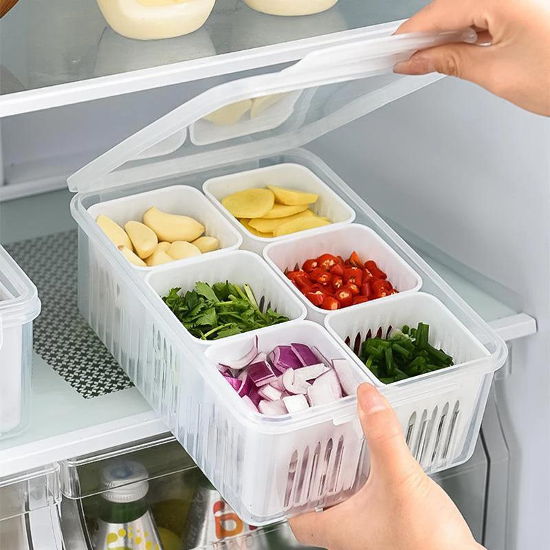 Food Vegetable Refrigerator Storage Box 4/6 Grid Fruit Storage Box Fridge Organizer Drain Basket Meat Onion Ginger Clear