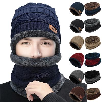 Men Women Winter Windproof Hat with Hooded Scarf Warm Knit Beanie Hat and Scarf Set Ski Cap