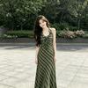 French Retro Green Plaid Dress Women's Summer Temperament Waist Skirt Vacation Style Neck Dress