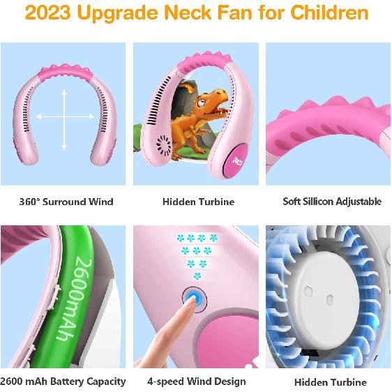 Kids Neck Fan, Portable Bladeless Fans for Kid 4-14Y Girls & Boys, 2600mAh USB Personal Mini Cooling Fan for Travel/Camping/Study, 4 Speeds,