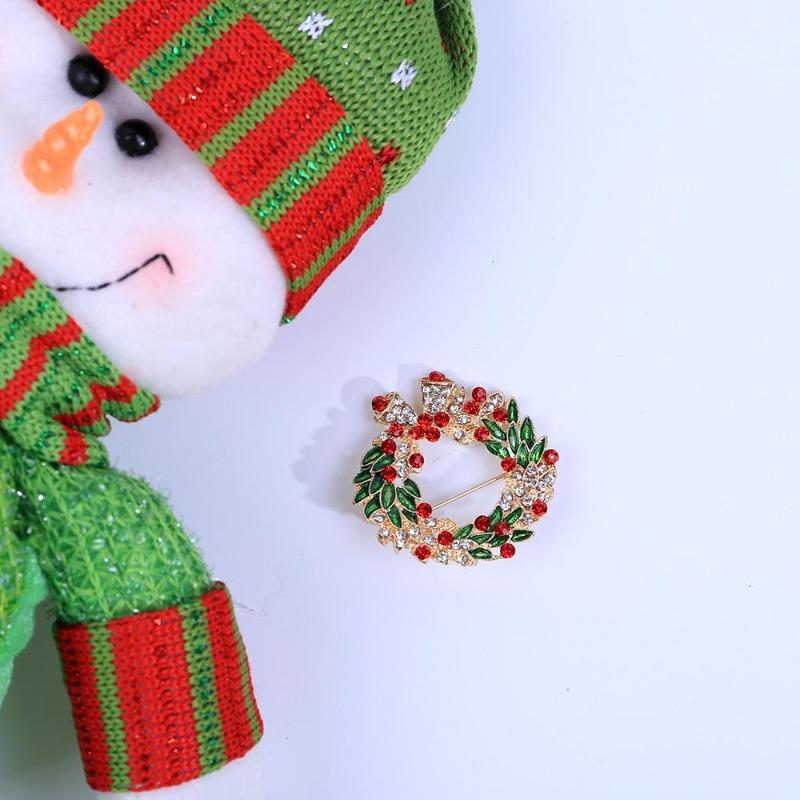 1Pc New Fashion Design Red Enamel Bell Crystal Christmas Brooch Pins Colorful Christmas Wreath