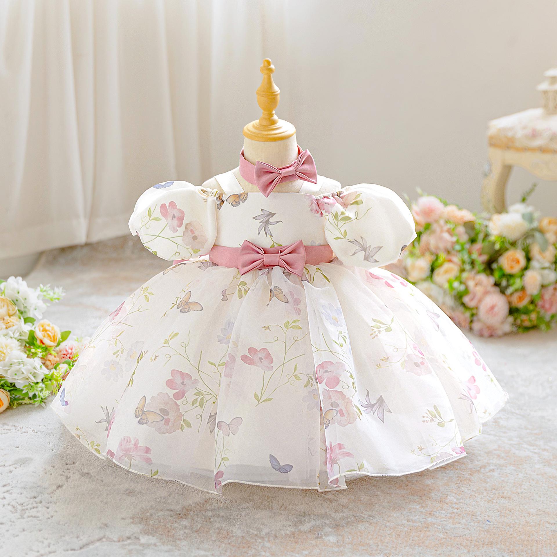 

Girls First Birthday Puff Sleeve Strappy Dress with Digital Print and Mesh Skirt 90cm/12-18 months