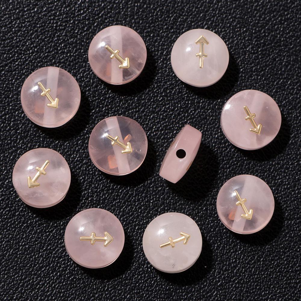 5pcs 8MM Pink Natural Rose Quartz Flat Round 12 zodiac signs constellation Stone Charms For DIY Making Jewelry