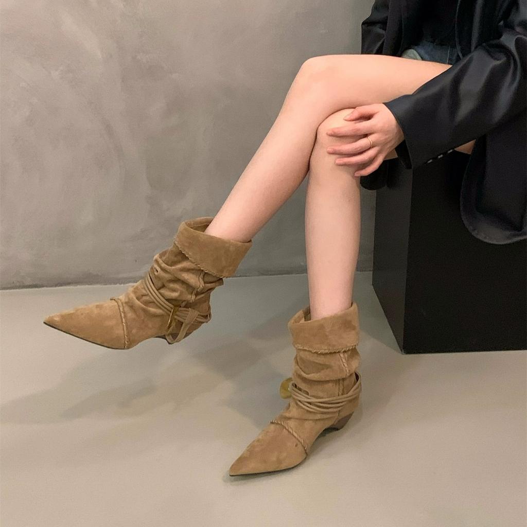 Thick Heel Pointed Suede Pile Boots Medium Knight Boots Women's Boots Autumn Winter Western Cowboy Skinny Boots