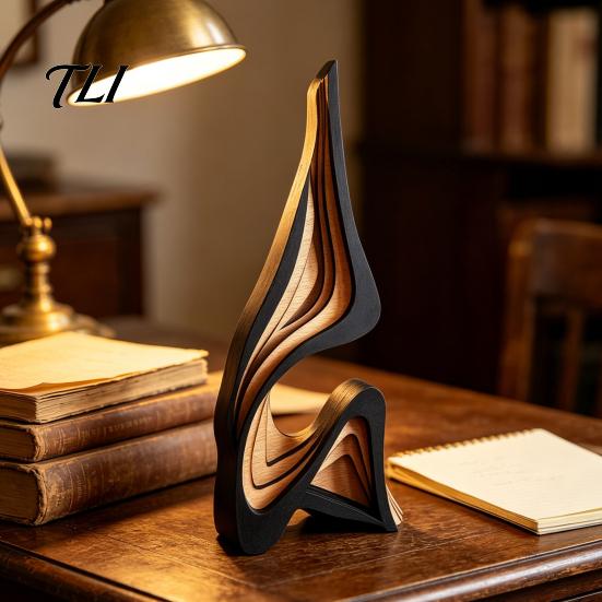 Minimalist Abstract Home Accents Wood Art Sculpture, Modern Solid Figurine for Living Hand Painted Poplar Craft Room Tabletop Decor,