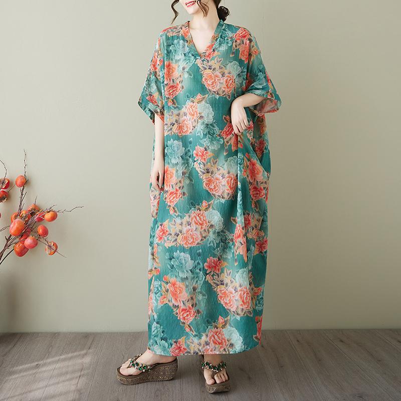 

DIMANAF 2025 Летнее платье больших размеров для женщин Повседневное винтажное платье-рубашка с V-образным вырезом Свободное базовое платье с принтом one size