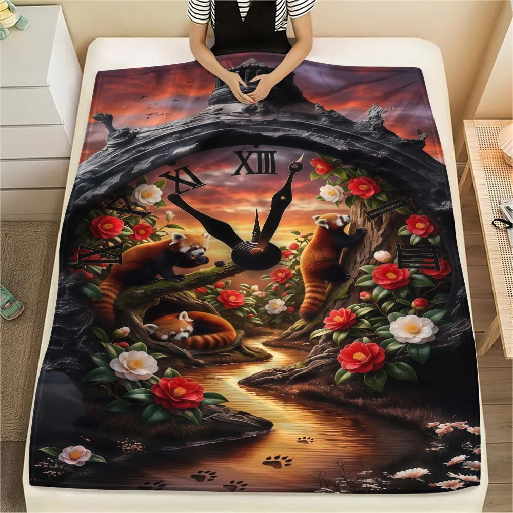 1PC Cute little panda Print FlAannel Blanket, High quality Comfortable for All Seasons, Home Decor, Warmth and Comfort