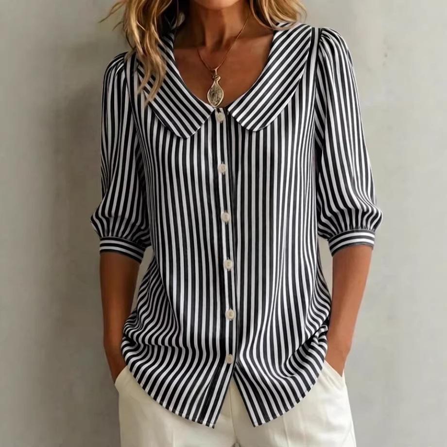Casual Commuting Women s Summer Shirt Mid-sleeve Loose V-neck Top 2XL чёрный