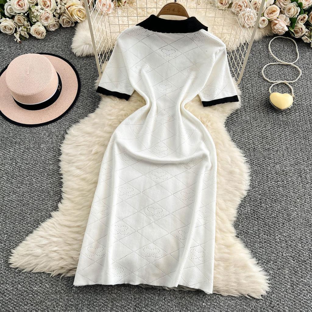 Summer New French Elegant Lapel Zipper Collar Rhombus Hollow Knitted Dress Women's Medium and Long Skirt