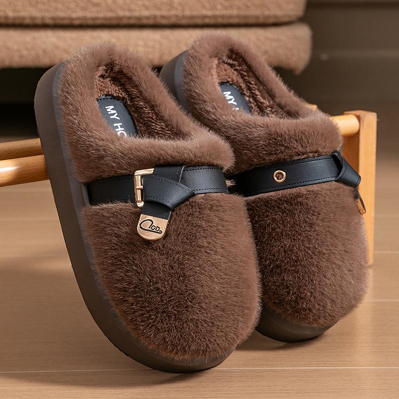 Women's Fluffy Plush Cotton Slippers - Fashionable Buckle, Anti-Slip, Super Warm, Non-Shedding, Thick Sole, Furry Autumn/Winter Style.