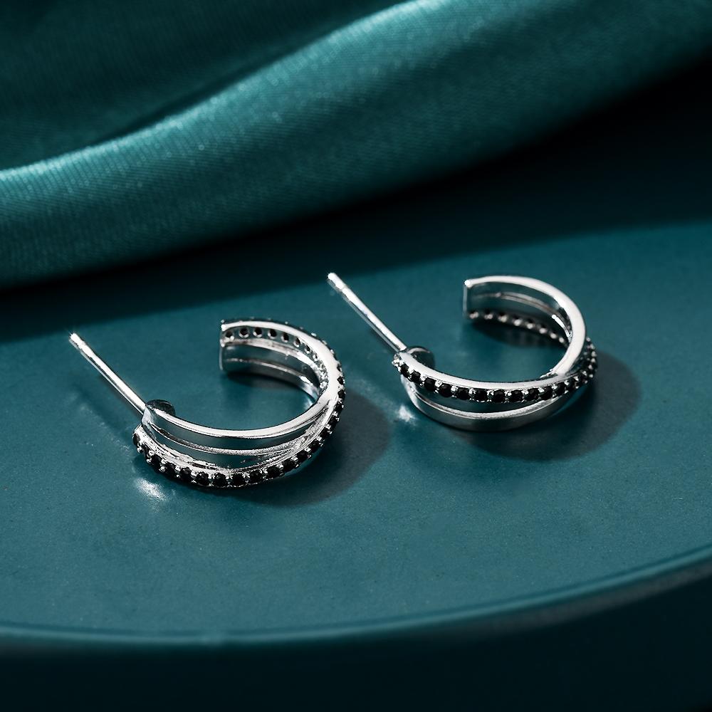 C-Shaped Hoop Earrings with Black Zirconia, Multi-Layer Metal Interlock Design, Hypoallergenic Jewelry for Women