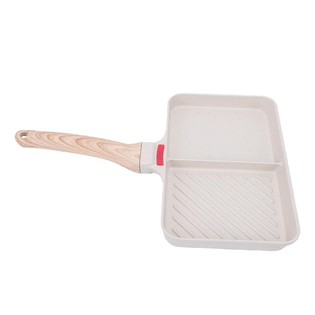 Poêle à Griller Divisée Alliage d'Aluminium Poêle à Griller Antiadhésive 2 Sections Poêle Polyvalente pour Petit-Déjeuner avec Manche en Bois