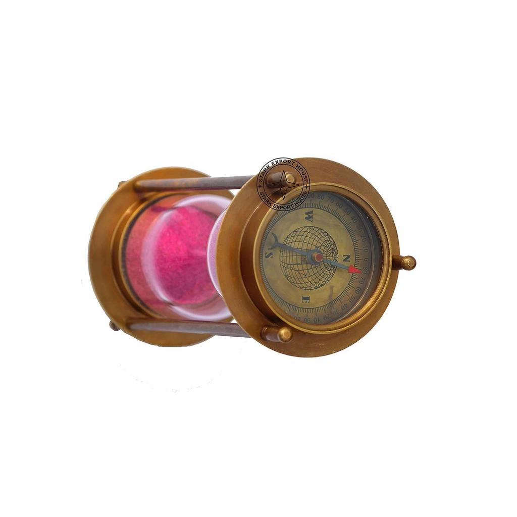 Clepsidră din alamă cu nisip, ceas cu nisip cu busolă, 7 inch