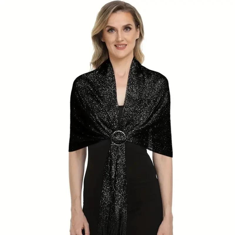 Shiny Round Buckle Tassel Wraps Scarf – European and American Fashion Trend for Evening Party, Dance, Wedding, and Beach Getaway