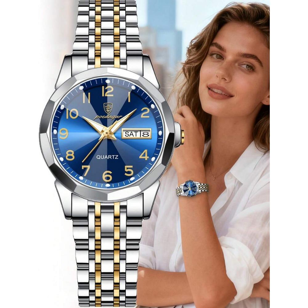 POEDAGAR Montre-bracelet étanche lumineuse à date en acier inoxydable pour femme, Montres tendance pour dames, Cadeaux pour femmes