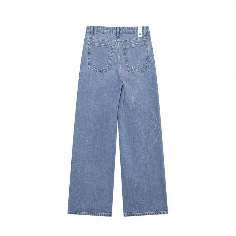 Women's Fashion Slim Fit High Waist Denim Pant Rhinestone Embellished Jeans Street Blue Wash Solid Color Casual Wide Leg Jean 2025 Spring