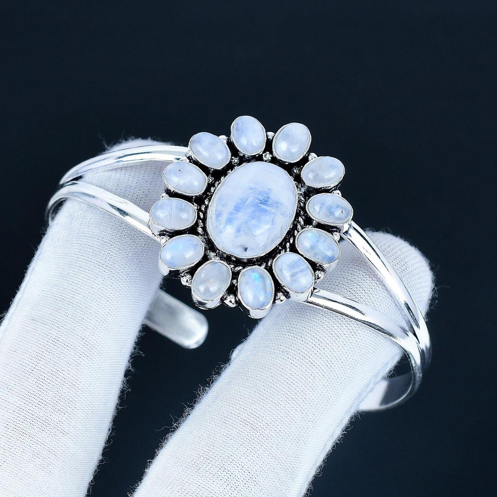 Piatră prețioasă Piatra Lunii Curcubeu Brățară Manșetă Handmade Argint Sterling 925 Brățară Manșetă, Brățară Formă Floare Piatra Lunii Curcubeu Pentru Soție, Brățară Unisex
