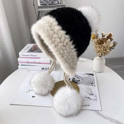 Mink Fur Hat For Women Winter Outdoor Female Knitted Fur Caps With Fox Fur Ball Natural Mink Fur Ears Protective Hats Beanie
