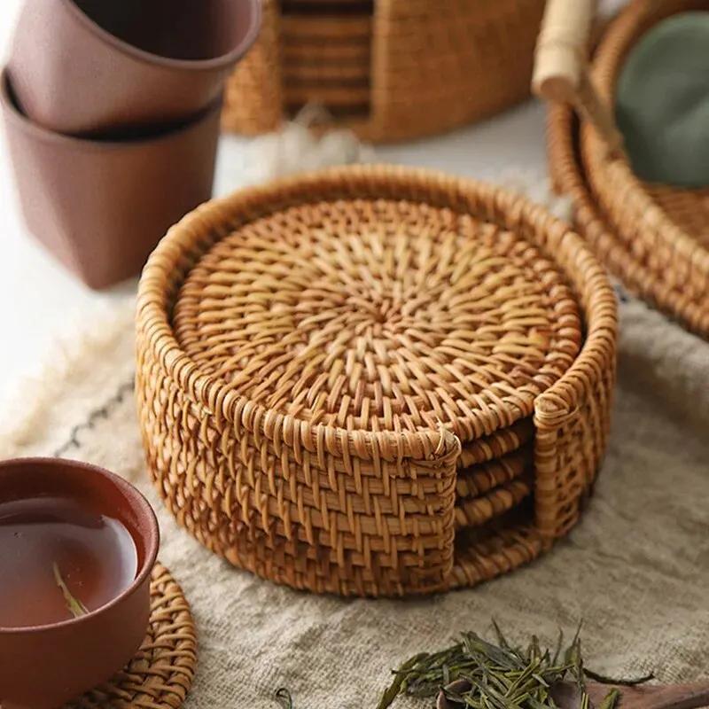 3Pcs/6Pcs Drink Coasters Tea Accessories Round Tableware Placemat Dish Mat Rattan Weave Cup Heat Insulation Mat Pad Diameter 8Cm