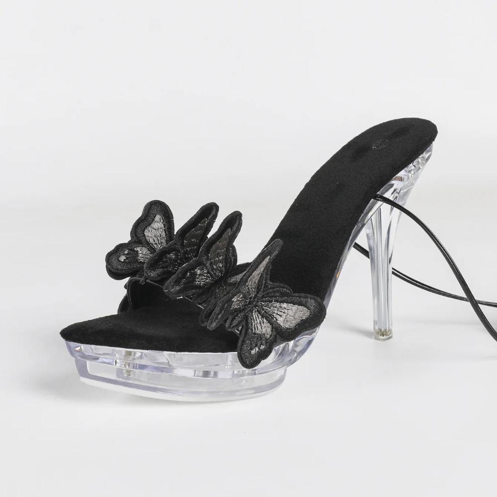 12.5cm Euro Butterfly Strap Platform Heels Crystal Chunky Nightclub Sandals LFD-19876-Q1