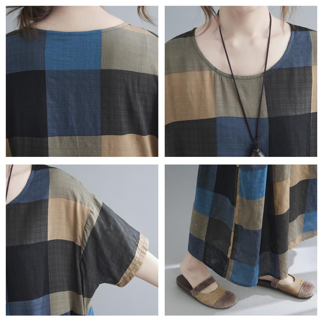 Women Cotton and Linen Dress Vintage Plaid Print O Neck Half Sleeves Side Pockets Robes Casual