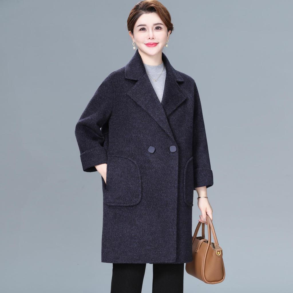 Mom's Stylish Mid-Length Double-Faced Cashmere Wool Coat for Autumn & Winter - High-End, Loose Fit for Middle-Aged Women