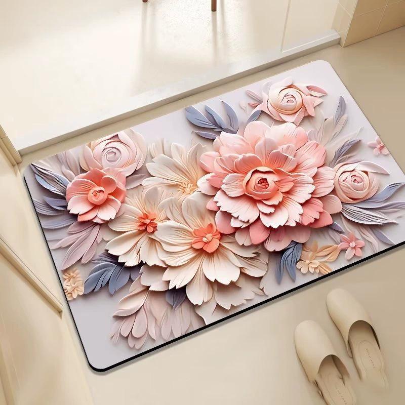3D Floral Bathroom Floor Mat Household Floor Mat Absorbent Quick Drying Anti Slip Mat