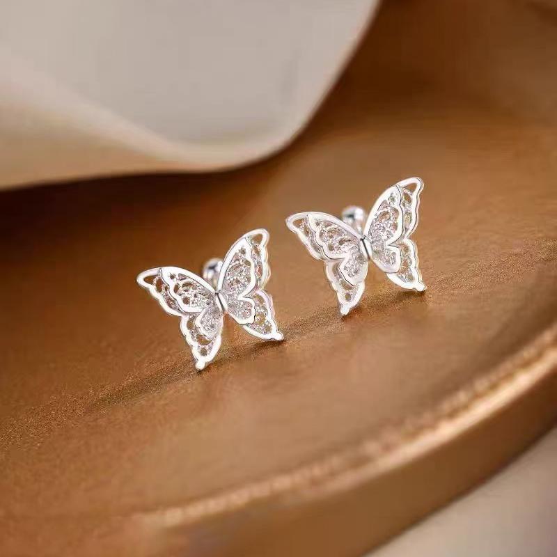 925 Silver Hollow Butterfly Bead Screw Stud Earrings For Women Cute Insect Fine Jewelry Small Niche Luxury Accessories
