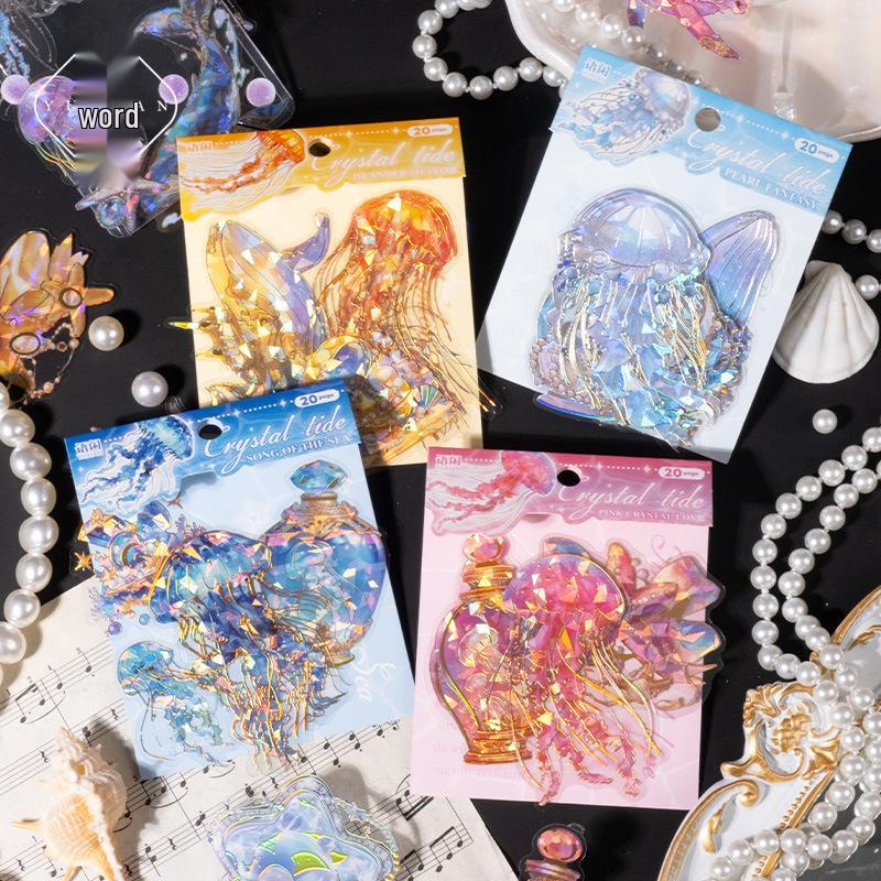 Yuxian Seashell Light Gold PET Sticker Pack: Crystal Tide Series - 20 Pieces, 4 Styles, Jellyfish Collage Material.