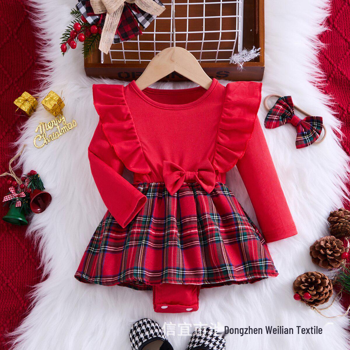 

Baby Girl s Bow Ribbed Long Sleeve Romper - Spring & Autumn Triangle Onesie 90 cm червоний