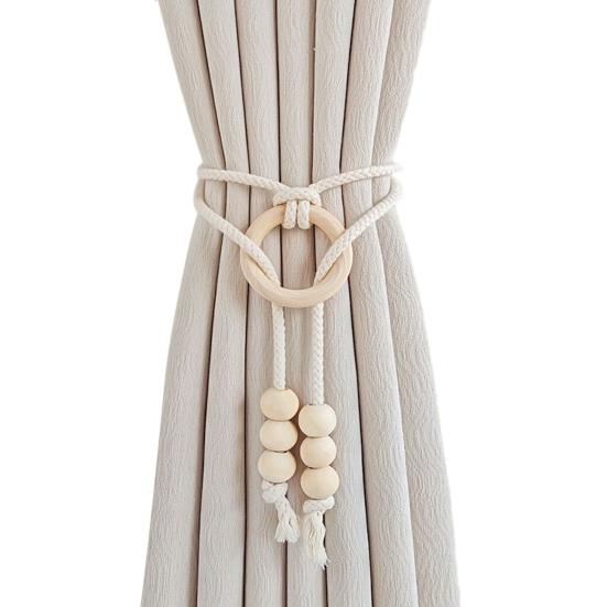 Bohemian Curtain Tiebacks Handwoven Rope with Tassels & Wood Beads Decorative Window Holdbacks for Living Room Bedroom Home Decor