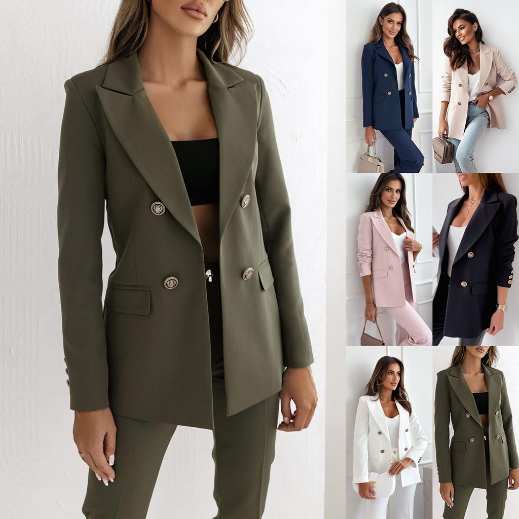 Women's Military Green Double Breasted Blazer Suit with 5 Color Options - Slim Fit Formal Office Jacket