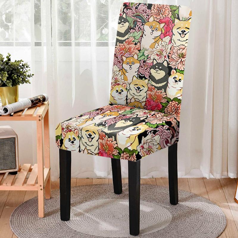 Stuhlhusse für Esszimmerstühle mit niedlichem Tier-/Hunde-Print, dehnbar, elastischer Stuhlbezug mit Blumenmuster, Sitzbezug für Küchenhocker, Heim- und Bankettdekor