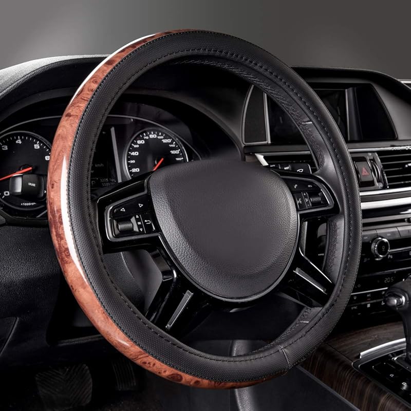 CAR PASS Wood Grain Microfiber Leather Steering Wheel Cover, Universal Fit For 14 1/2-15 Inch Black Steering Wheel, Anti-Skip Ve Design,Cars,