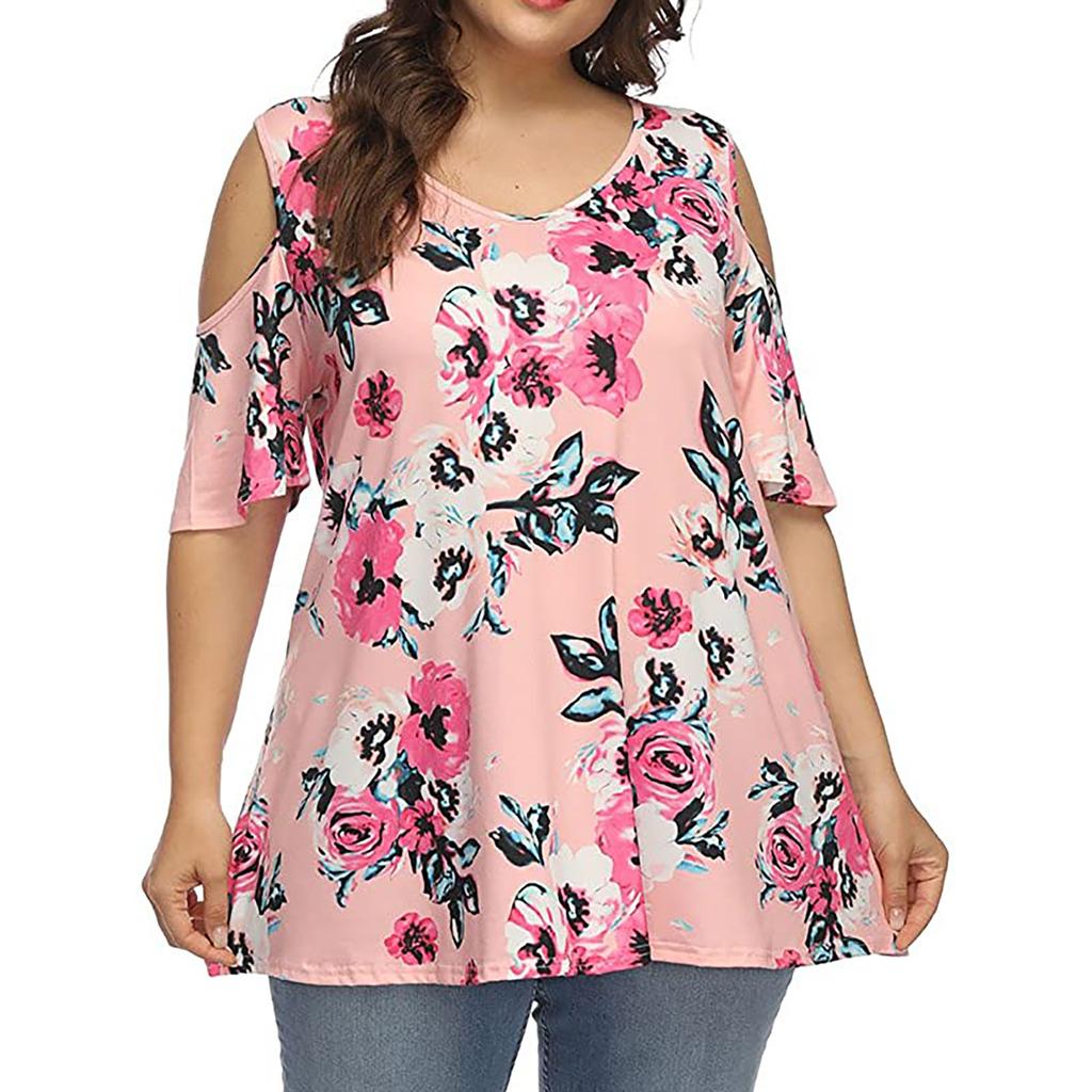 Women Fashion Floral Printing Short Sleeve T-Shirt Plus Size Round Neck Tops