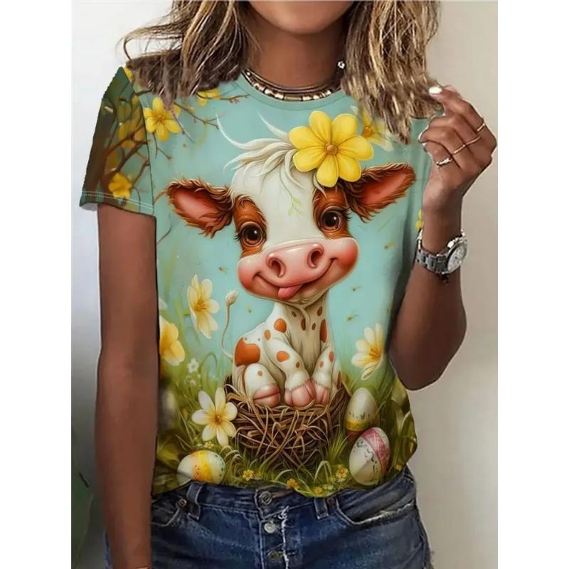 Fashion Women's Crew Neck Short Sleeve 3D Animal Color Printing Animal Short Sleeve Crew Neck T-Shirt