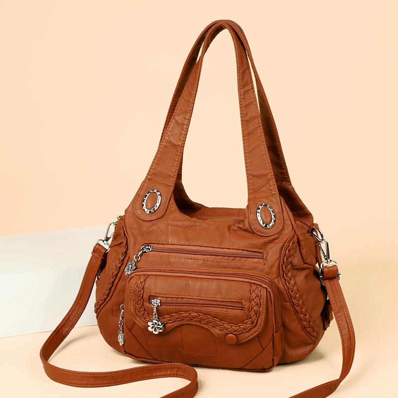 Women's Vintage Leather Shoulder Bag Multi-Zipper Pocket Crossbody Bag with Braided Detail Casual Handbag for  Use for Daily Life and Weekend Outings