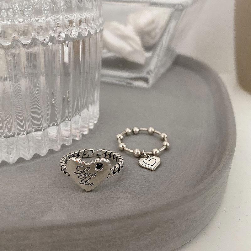 Korean S925 Retro Love Heart Pendant Ring for Women - Simple, Trendy Cold Style Index Finger Accessory