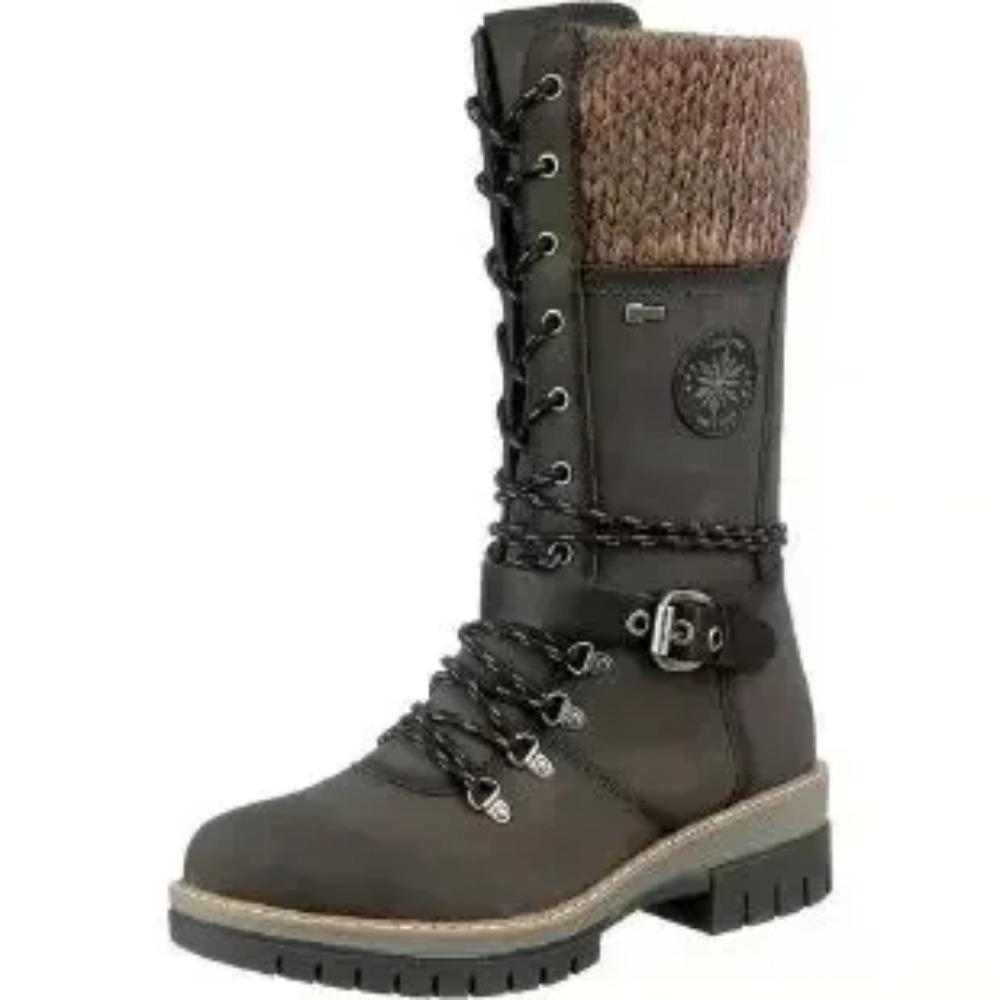 Bottes Mi-Mollet Thermiques de Mode pour Femmes, Bottes Tricotées Épissées à Lacets avec Fermeture Éclair Latérale, Bottes d'Extérieur Tout Terrain