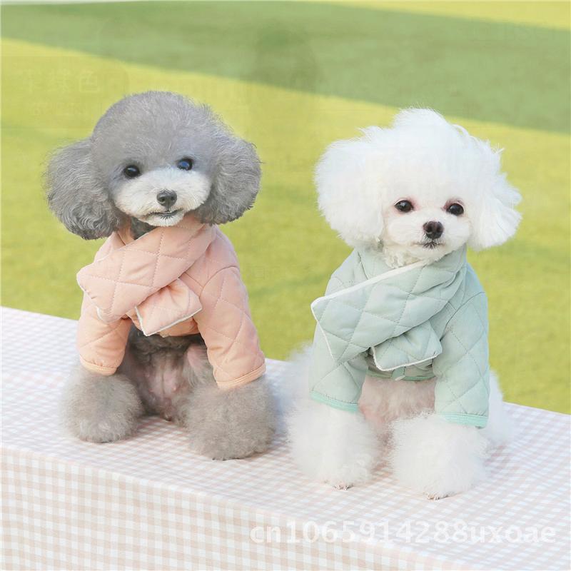 Fashionable Cotton Dog Coat Autumn Winter Diamond Plaid Scarf Pattern Casual Universal Pet Jacket Green Apricot Pink