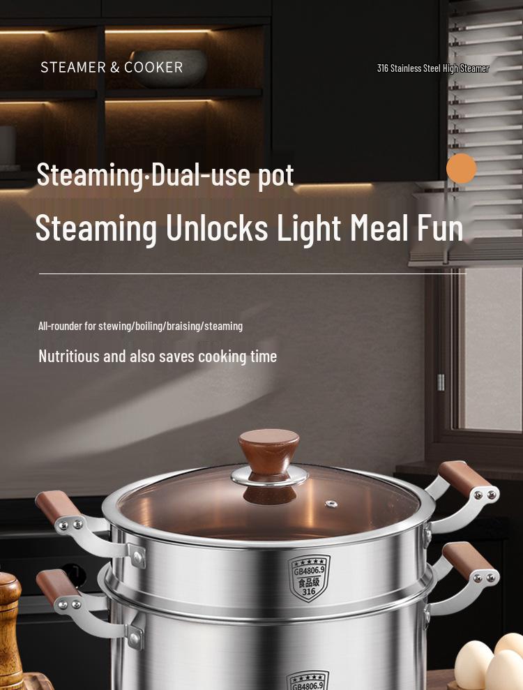 316 Stainless Steel Large Capacity Stock Pot for Stewing, Broiling, and Steaming, Food-Grade and Integrated Molding Design.