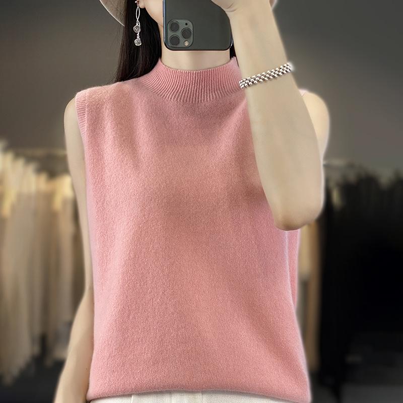 Women Tank 100% Wool Sleeveless MODERN NEW SAGA Spring Autumn T-shirt Turtleneck Knit Wool Top Soft Basic Vest Female