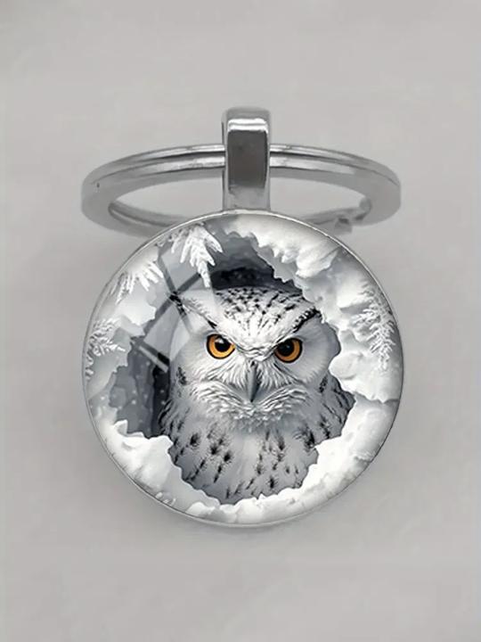 1 piece of cartoon cute owl glass alloy round keychain suitable for bag decoration pendant keychain one size
