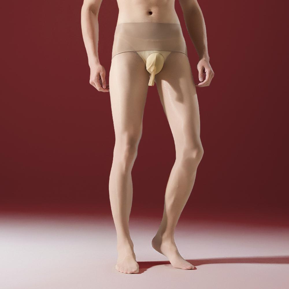 Sexy Men Thin Sheer See Through Open Close Sleeve COCKring Stockings Seamless Stockings Oil Glossy Shiny Pantyhose Tights