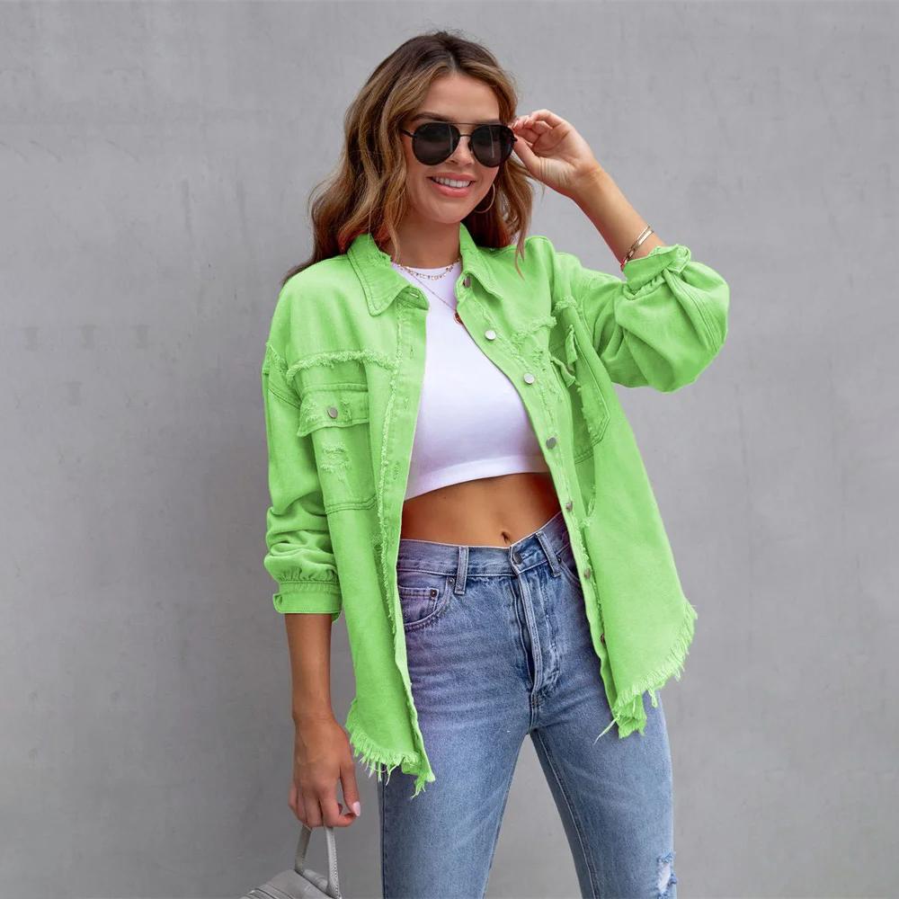 Holes Raw-edges Denim Jacket Women Spring Autumn Shirt Style Jeancoat Casual Top Outerwear Lady Coat